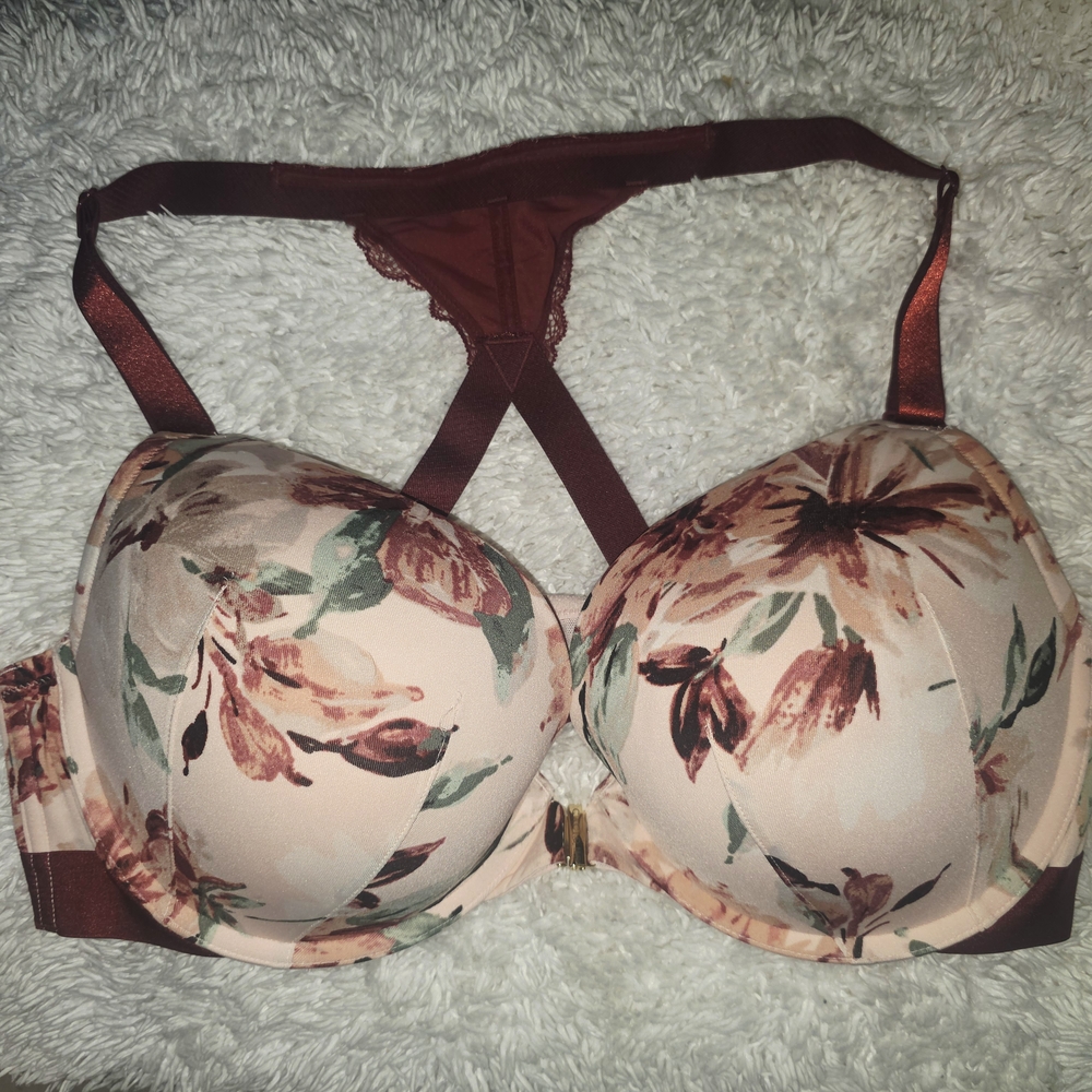 Floral Print Women's Bra - Cream and Brown